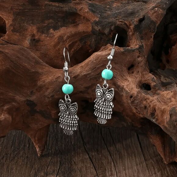 Boho Turquoise Owl Dangle Earrings - Picture 3 of 8